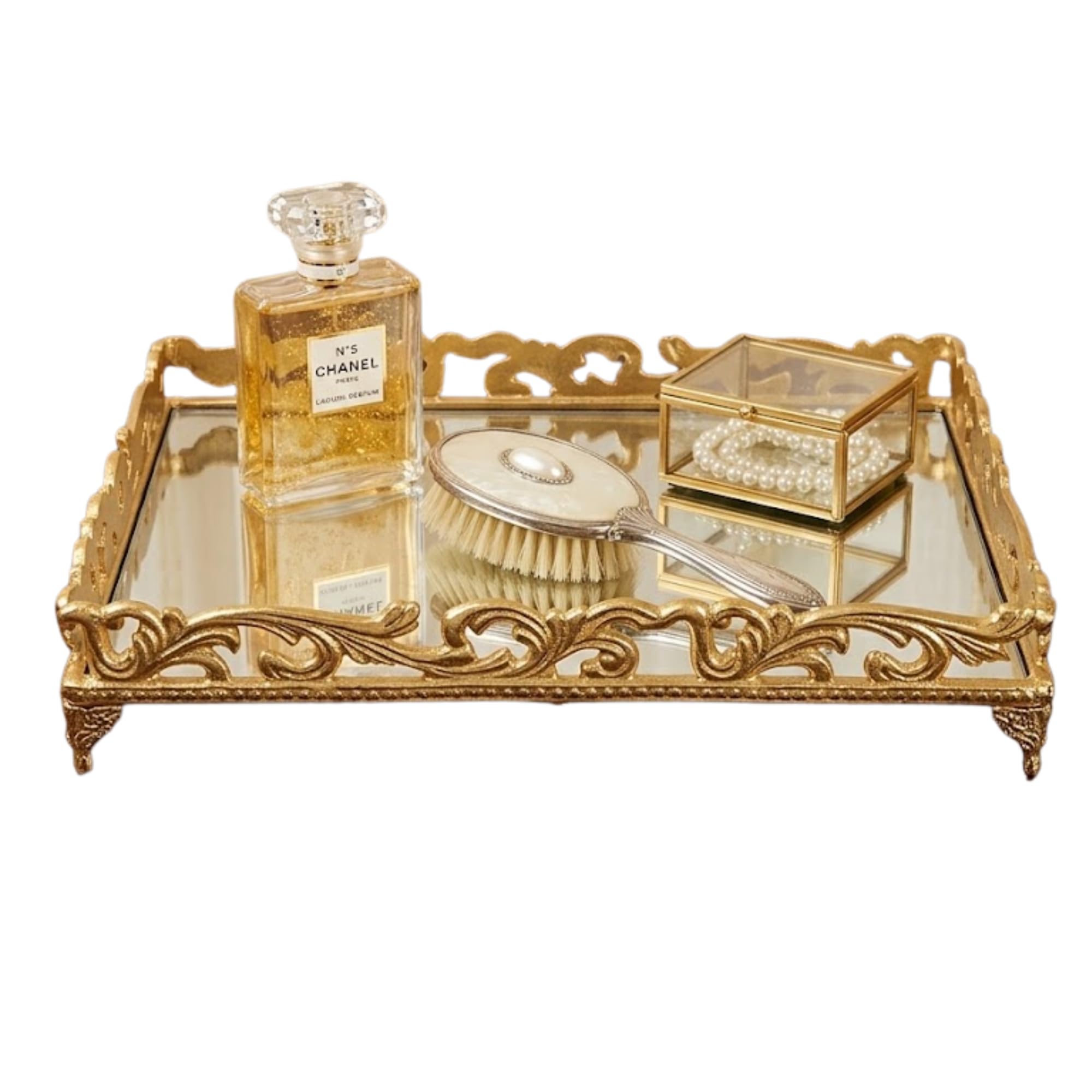 Decorative Gold Mirrored Serving Tray with Metal Frame, Vanity Organiser for Perfume, Jewellery, Cosmetics, Coffee Table and Home Decor