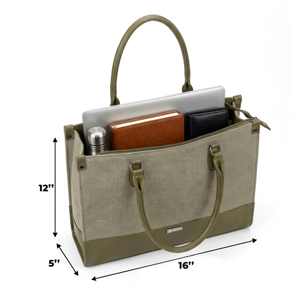 Siza Women’s Tote Bag with Laptop Compartment, PU Leather Handbag for Ladies, Large Office Shoulder Bag with Detachable Strap for Work, College, Travel & Daily Use (Olive Green)
