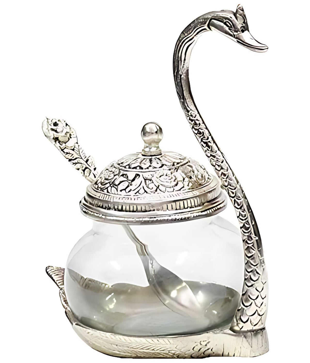 KridayKraft Aluminium swan Duck with Transparent Glass Bowl Set with Spoon and lid (11 x 15 x 11 cm, Silver)