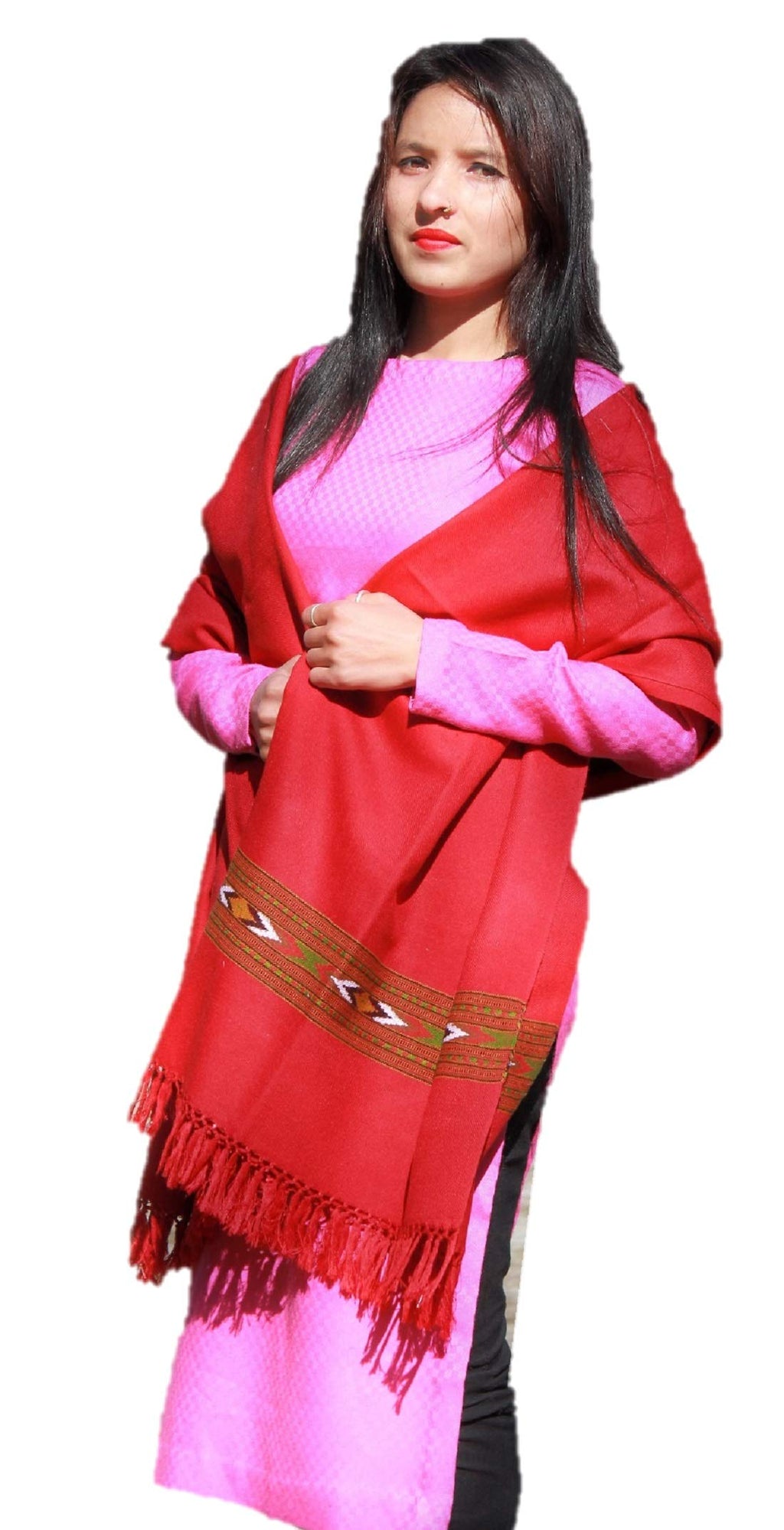 HImalayanKraft Hand Woven Kullu Handloom Woolen Shawl Dark Red Colored with Beautiful Kullu Weaving Designed for Women and Girls.