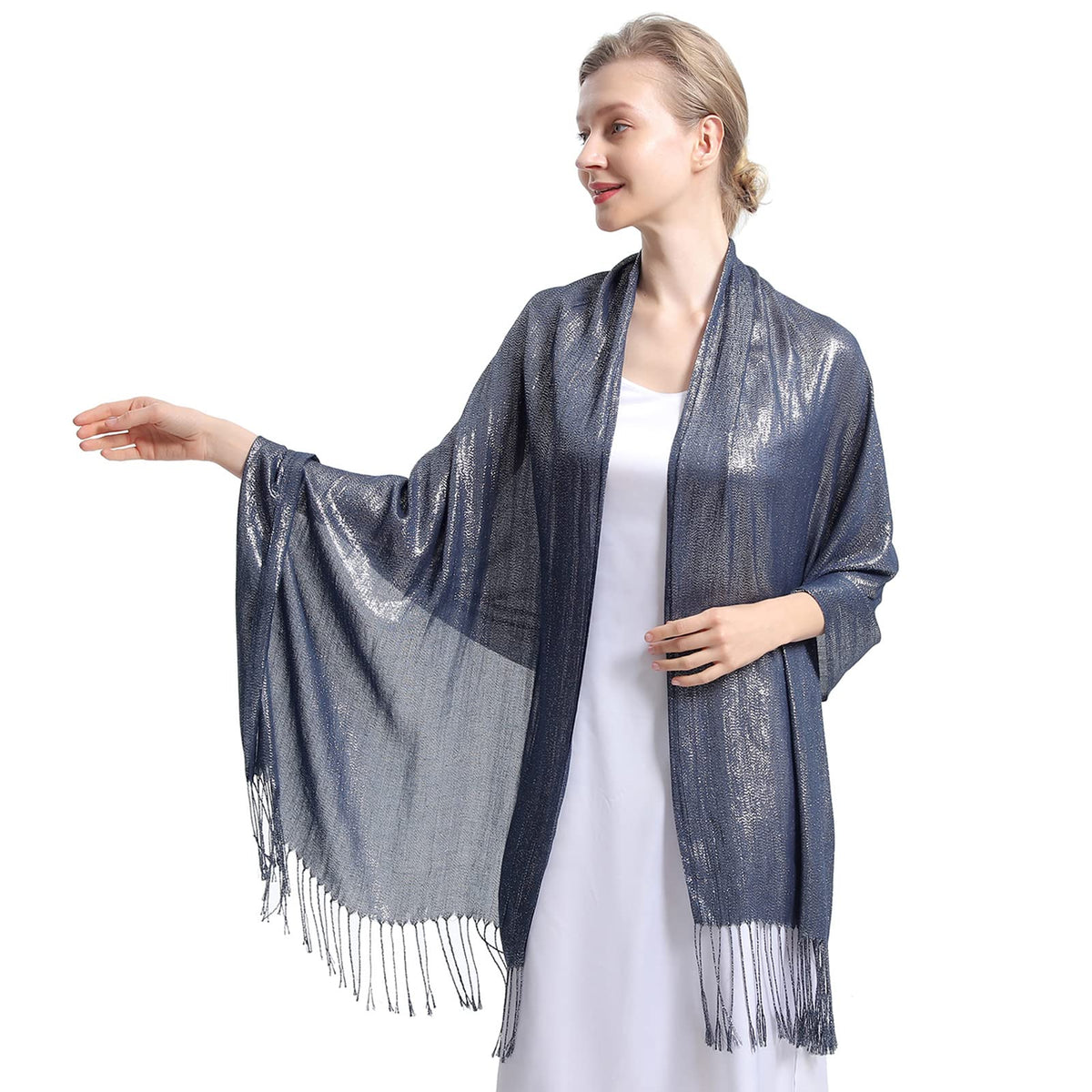 RonFoxi Sparkly Metallic Shawls and Wraps,Women's Glitter Pashmina Shawl Scarf forformal Evening Party Dresses, H-navy Silver, 29*79