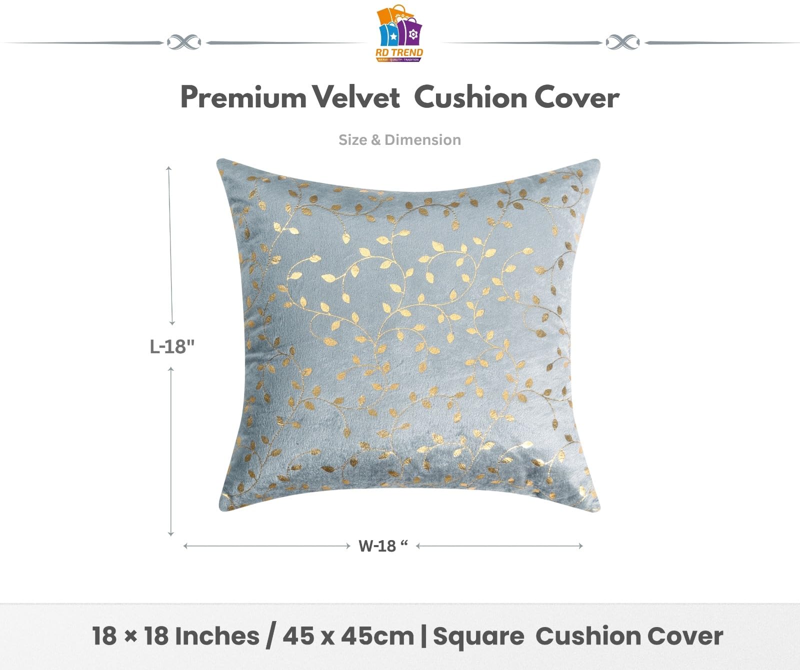 RD TREND Velvet Cushion Covers, 45 x 45 cm/18 x 18 inches,Pack of 2,250 TC, Back Zipper (Grey)
