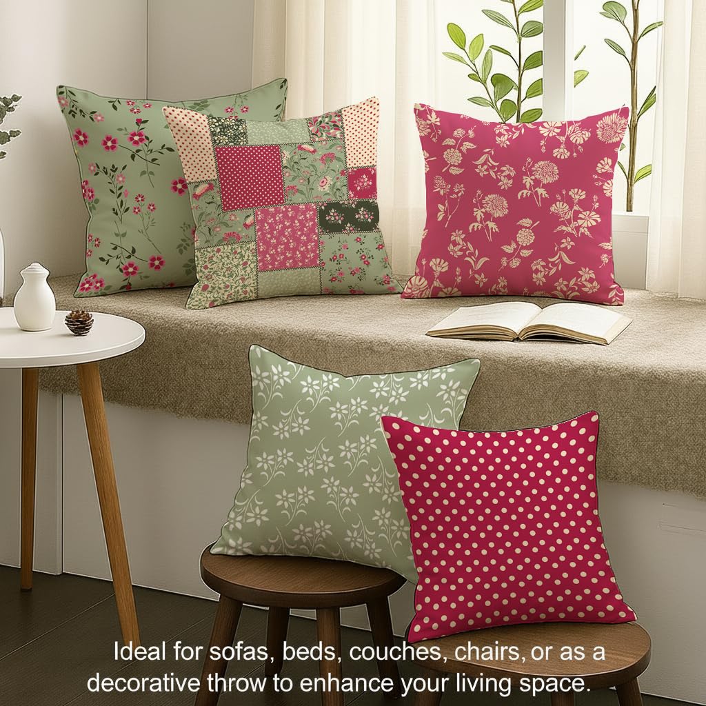 STITCHNEST Set of 5 Blossom Patchwork Collection Printed Jute Cushion Covers 16x16 Inches | Decorative Throw Pillow Covers for Sofa, Living Room, Bedroom | Perfect for Home Decor