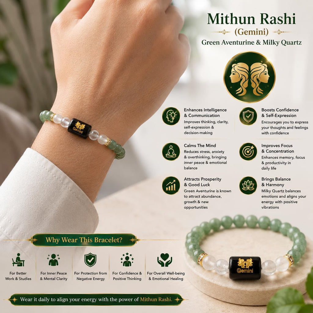A&S Ventures Mithun Rashi Zodiac Bracelet | Green Aventurine & Milky Quartz Natural Stone Handband | Gemini Horoscope Bracelet Handmade Gemstone Jewelry for Daily Wear
