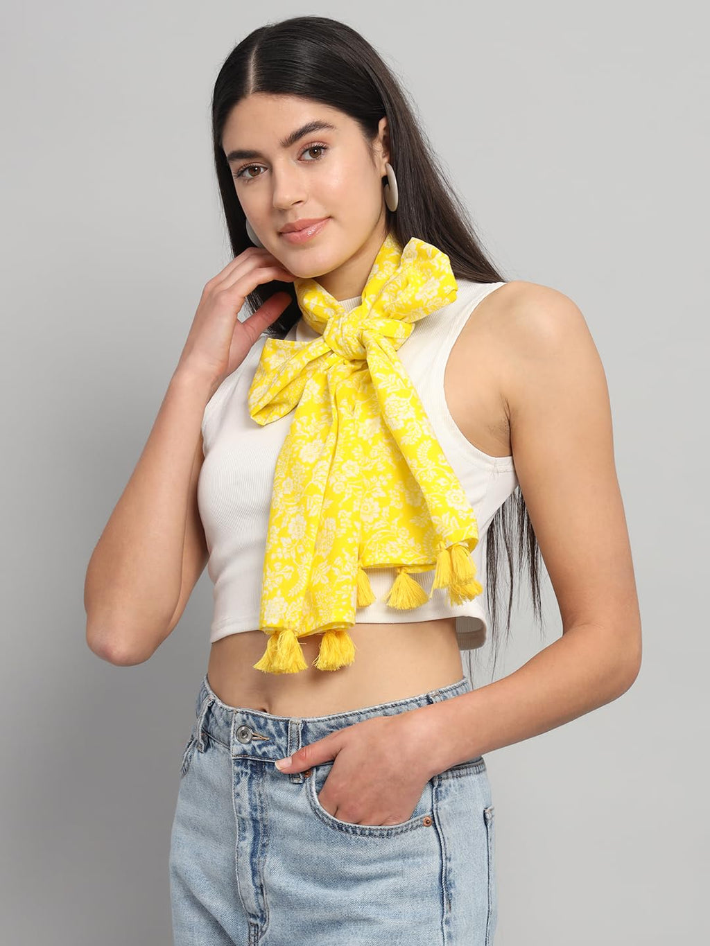 Ravaiyaa - Attitude is everything Women Yellow & White Hand Block Floral Printed Cotton Tasseled Scarf 71 X 21 Inch