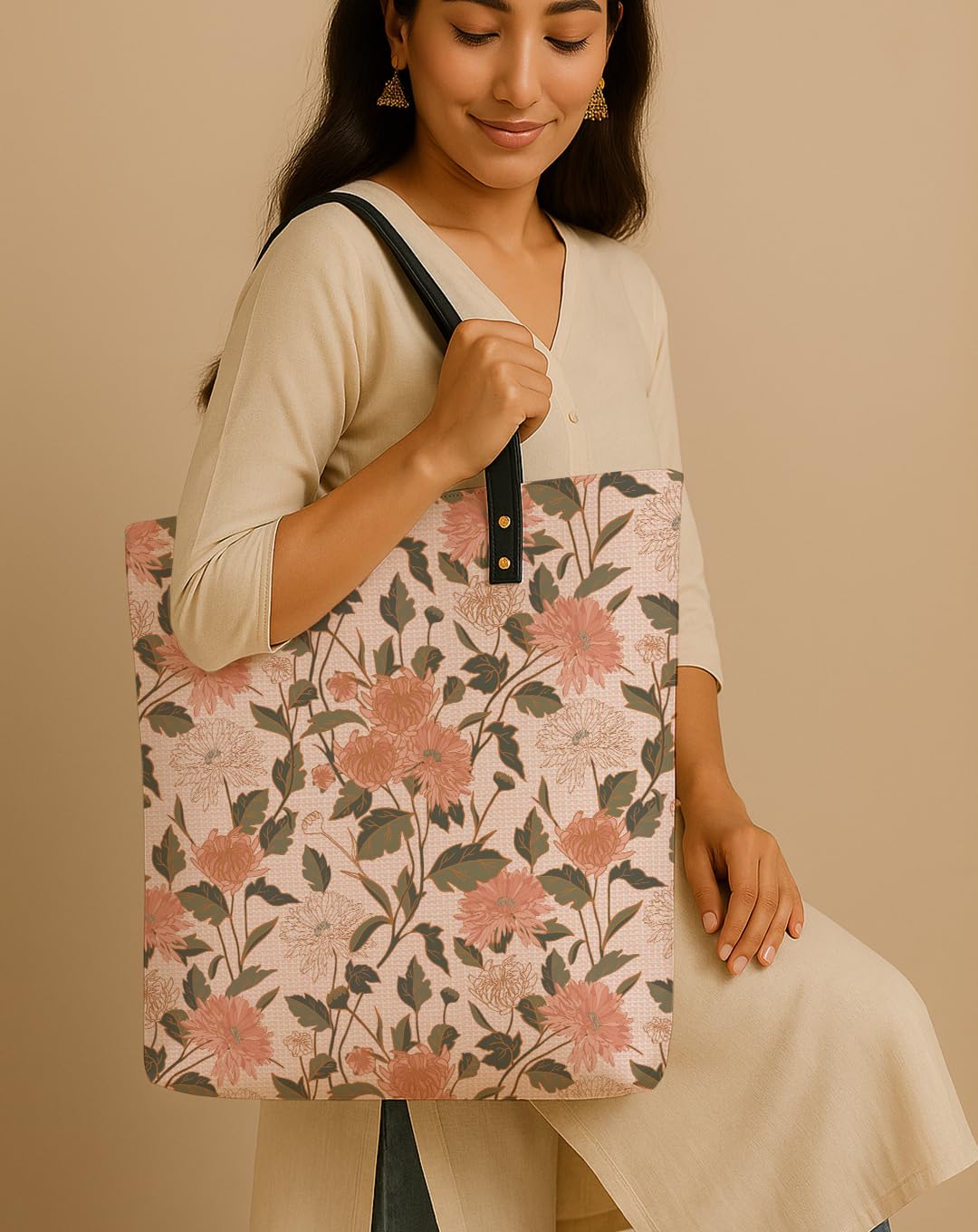 Kalankit Classic Tote Bag For Women | Canvas Printed Totes For Women | Aesthetic Shoulder College Bag For Girls | Vegan Leather Lightweight Everyday Bag | Gift for Woman | Floral Beige Pink
