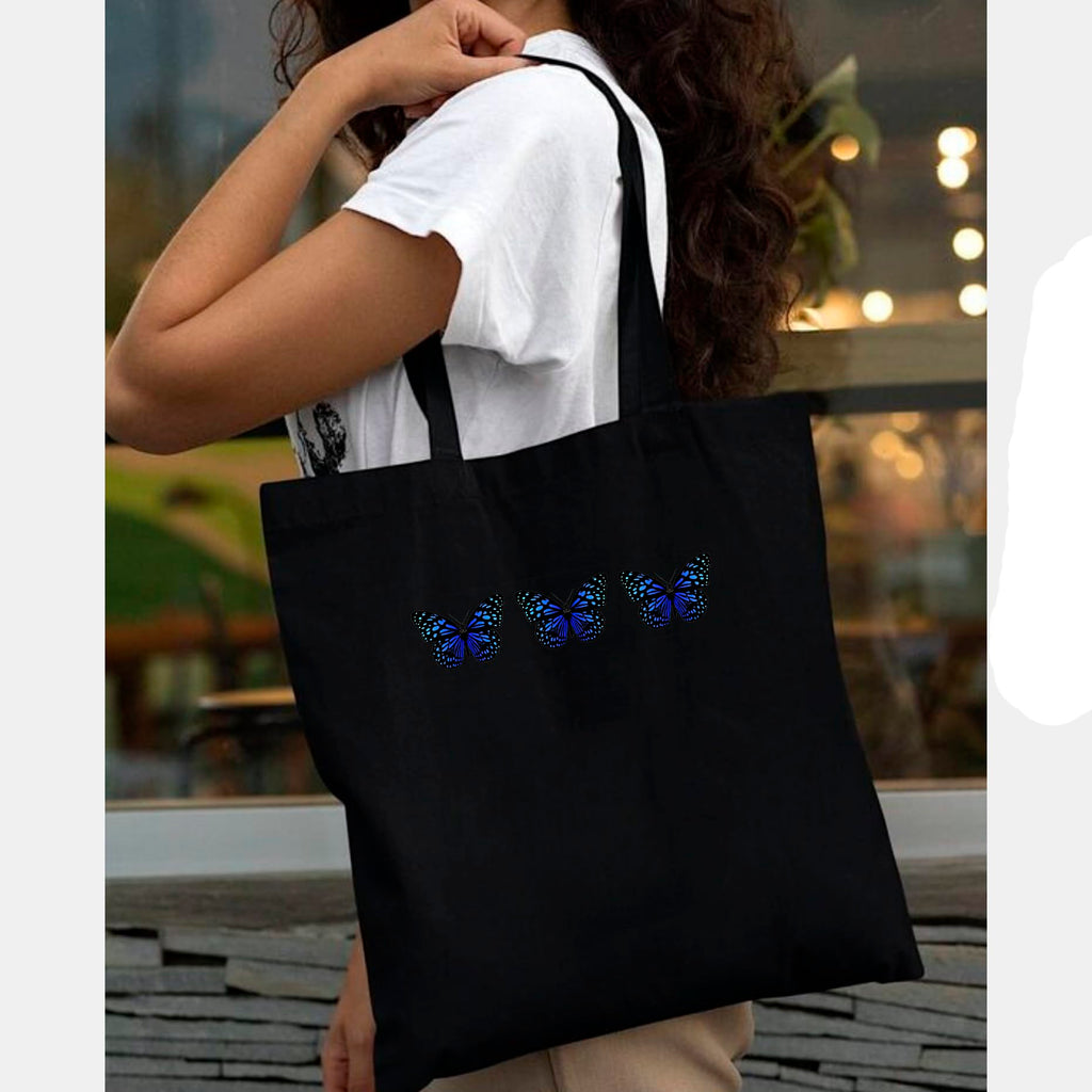 Peach Blossom Reusable Zipper With Pouch Tote Bags, 100% Cotton Shopping/Grocery Bag, Multi-Purpose Bag 5kgs Capacity, 2 Pack (BlkLineFlow_BlackButterfly)