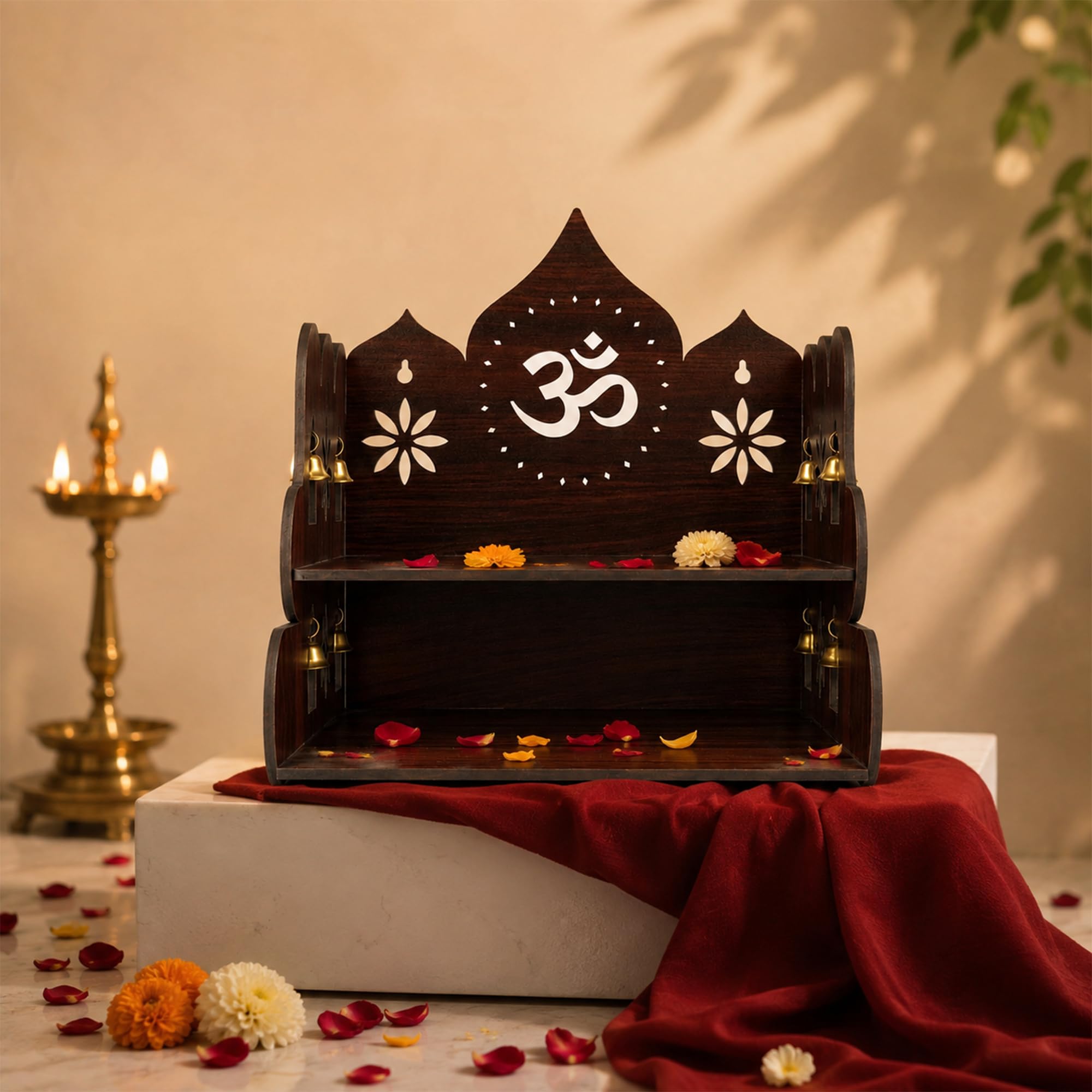 The Divine Tales Shubh Om Wooden Pooja Mandir Wall Mounted Home Temple with Jharokha Design Om Swastika Engraving Prayer Shelf for Idols Diyas Incense Pooja Essentials Wooden Mandir for Home 15 Inch
