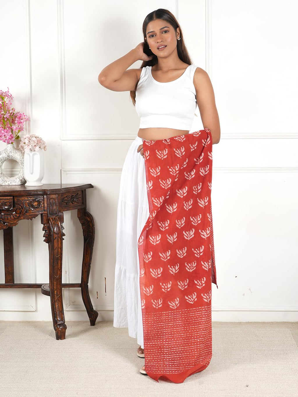 Gutthi Women's Red Cotton Stoles | Scarf Lightweight & Comfortable for All Seasons, Size (100X180 CM)