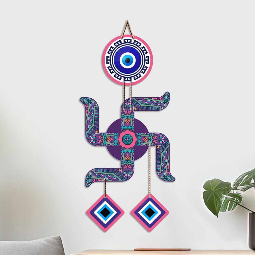 Artvibes Swastik Evil Eye Wall Hanging for Home Entrance Door Decor | Sacred Hindu Swastik Symbol with Nazar Battu Protection for Positive Energy | Good Luck | Vastu & Spiritual Wall Art (WH_85108N)