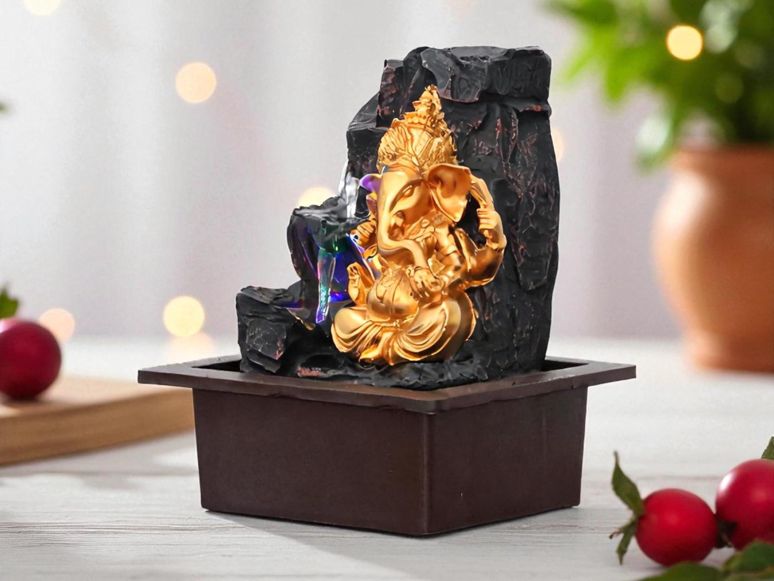 KridayKraft Ganesh Waterfall Design Table top Colour Changing Lights Fountain Polyresin Showpiece for Home Garden Living Room Decor Decoration Gift Items, 30 CM 1.3 kg