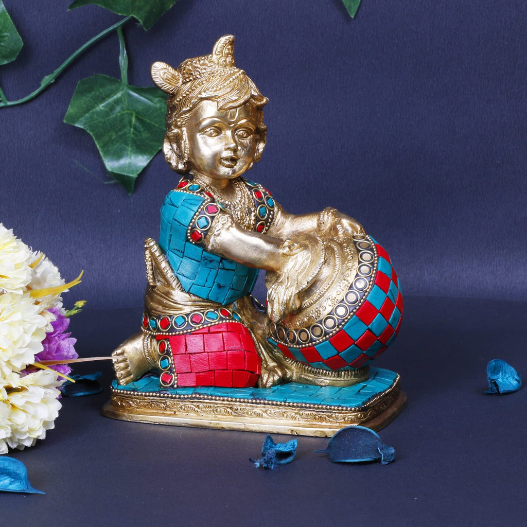 ARTVARKO Lord Krishna Makhan Chor Brass Idol Sculpture Decorative Statue Figurine Showpiece