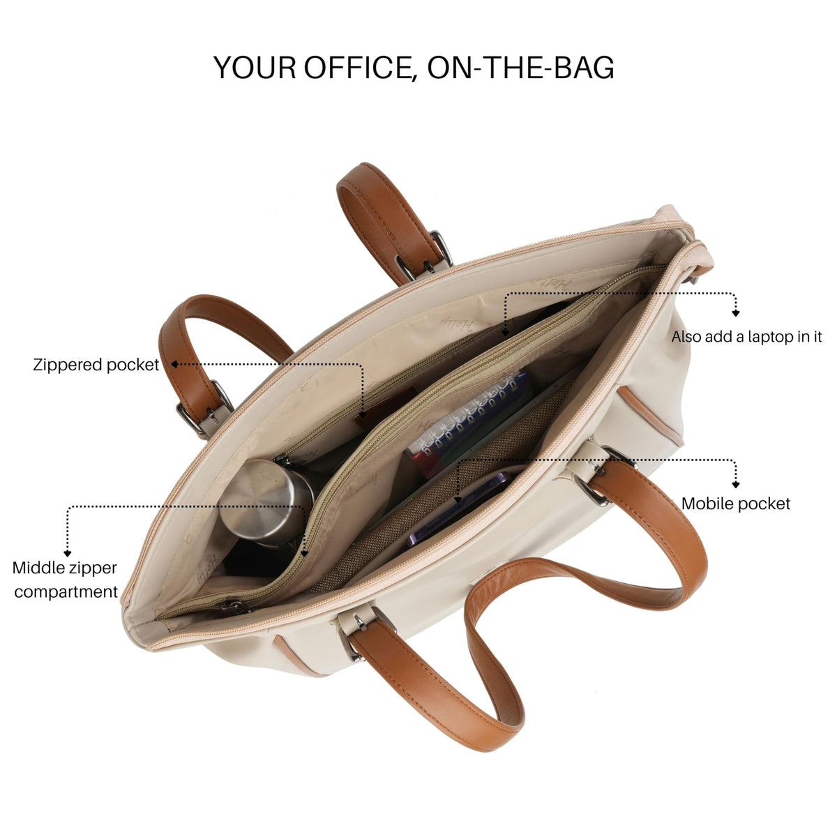 HELLY Women’s Tote Bag | Premium Vegan Leather Handbag | Lightweight Shoulder Bag for Office & Daily Use | Water-Resistant Lining (Cream)