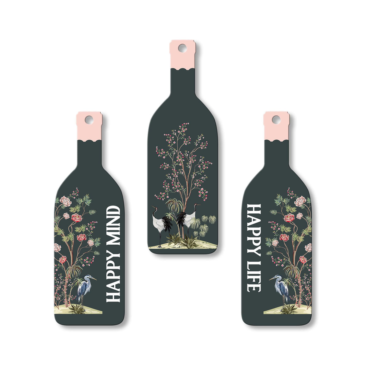 Artvibes Happy Mind Happy Life Decor Decorative Wall Hanging Wooden Art | Quotes Decor Item | Craft For Everyone | Wall Illustrations | Office Decor | Wall Art Print | Gift Items (WH_9525N), Set of 3