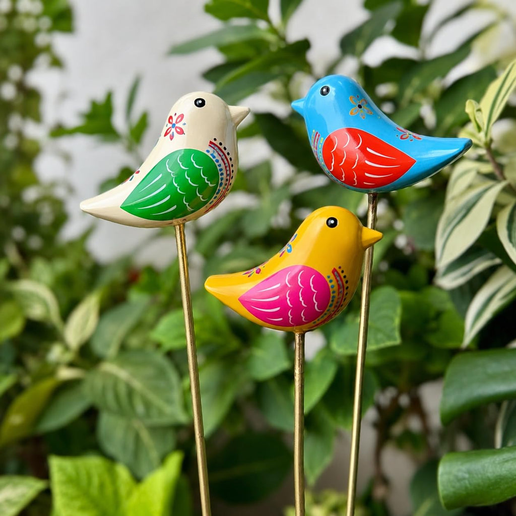 ATRANGI STUDIO Chirpy Bird Wooden Garden Stake - Set of 3| Handcrafted by Rajasthan artisans | Boho Garden/Balcony Decor | Easy to use in pots, patios, lawns | Multicolour