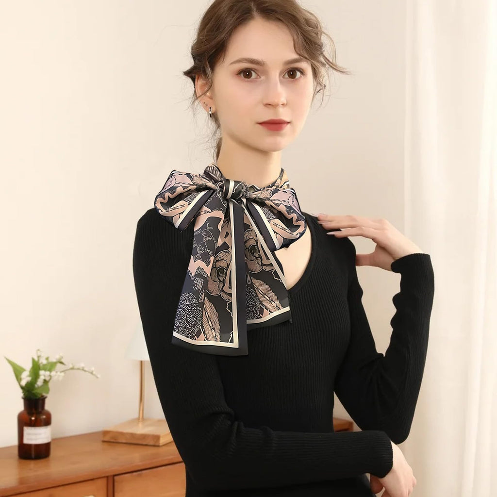 TecoKart Female Silk Neck Scarf for Women, Floral Print Stylish Satin Scarves for Suit, Blazers, Shirts, Ideal Neckerchief for Every Occasion - 59''4.7, Black