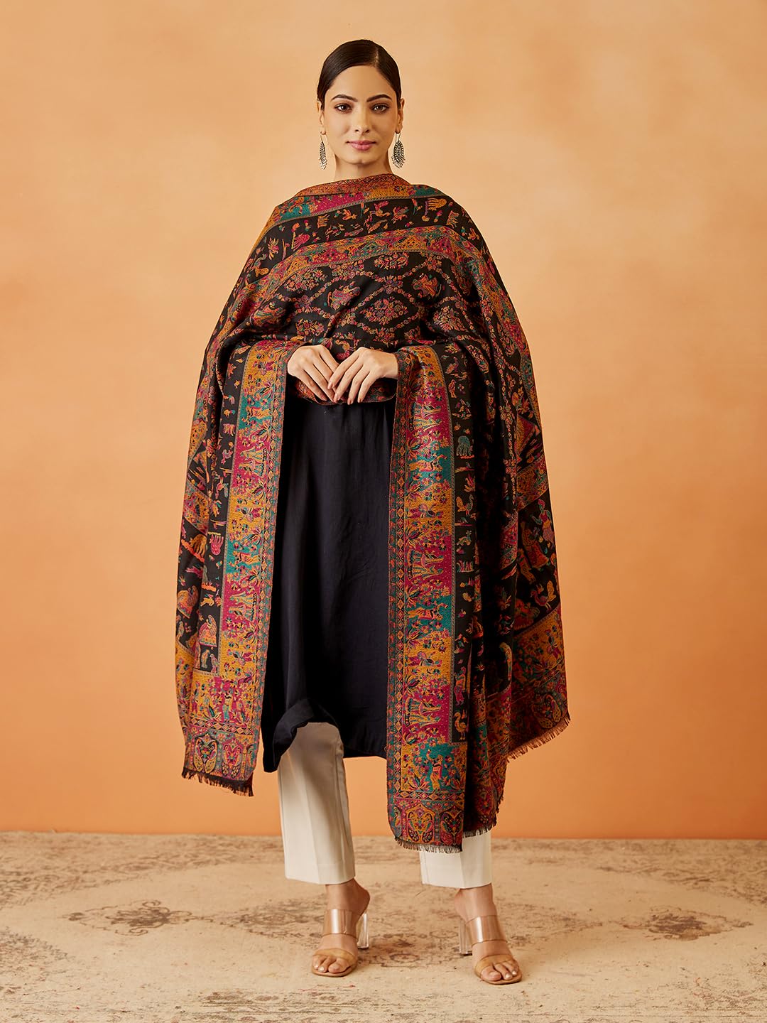 Pashmoda Women Gulbahar Kaani Wool Blend Kashmiri Shawl, Stole, Scarf, Luxury Pashmina Evening Wrap (Size: 101 X 203 CM)