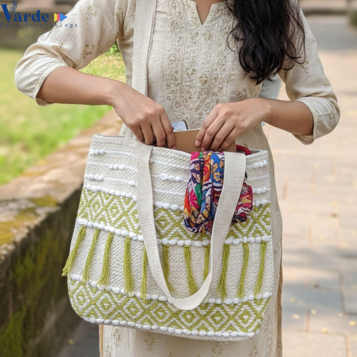 Värde Handmade Cotton Tote Bag for Women | Boho Ethnic Embroidered Shoulder Bag | Green & White Patterned Casual Handbag | Eco-Friendly Lightweight Daily Use Tote Bag for Shopping, Travel & Office