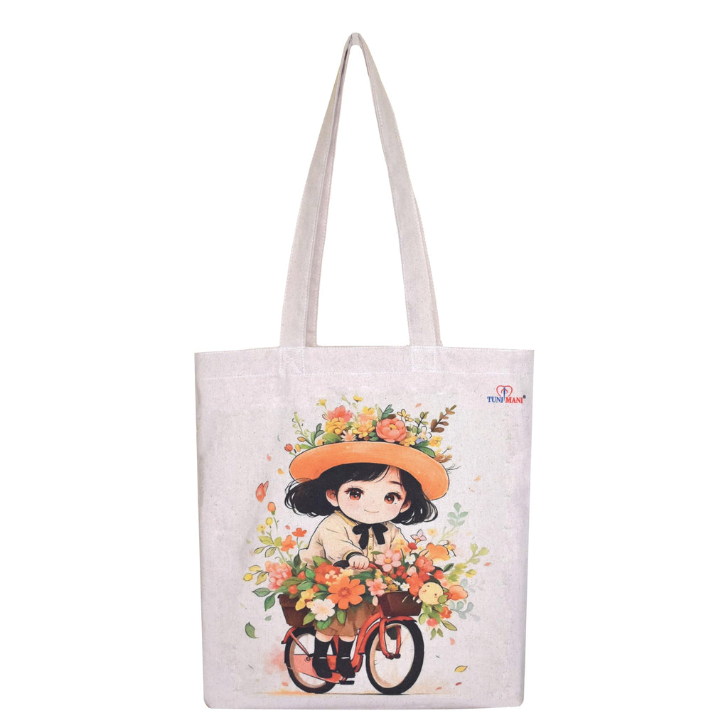 TUNI MANI Stylish Digital Printed Cotton Tote Bag for Women –Multipurpose Ecofriendly Bag with Zipper Closure | Bottle Holder & Inner Utility Pockets (Flower Girl)