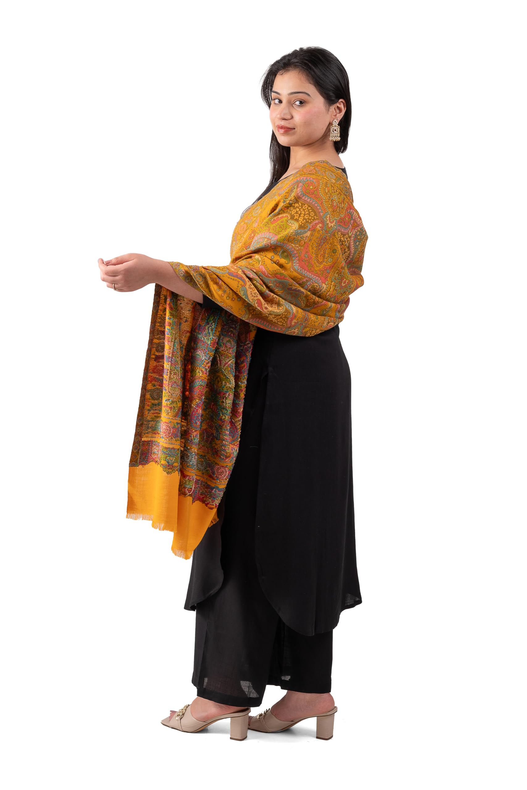Naureen Women Pashmina Blend Kani Shawl with Paisley and Floral Artwork, Warm and Soft, 40x80 inches (Mustard)
