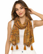 Women's Printed cotton Scarf with Tassels, Lightweight Boho Stole, 180x50 cm, All Seasons (mustard)