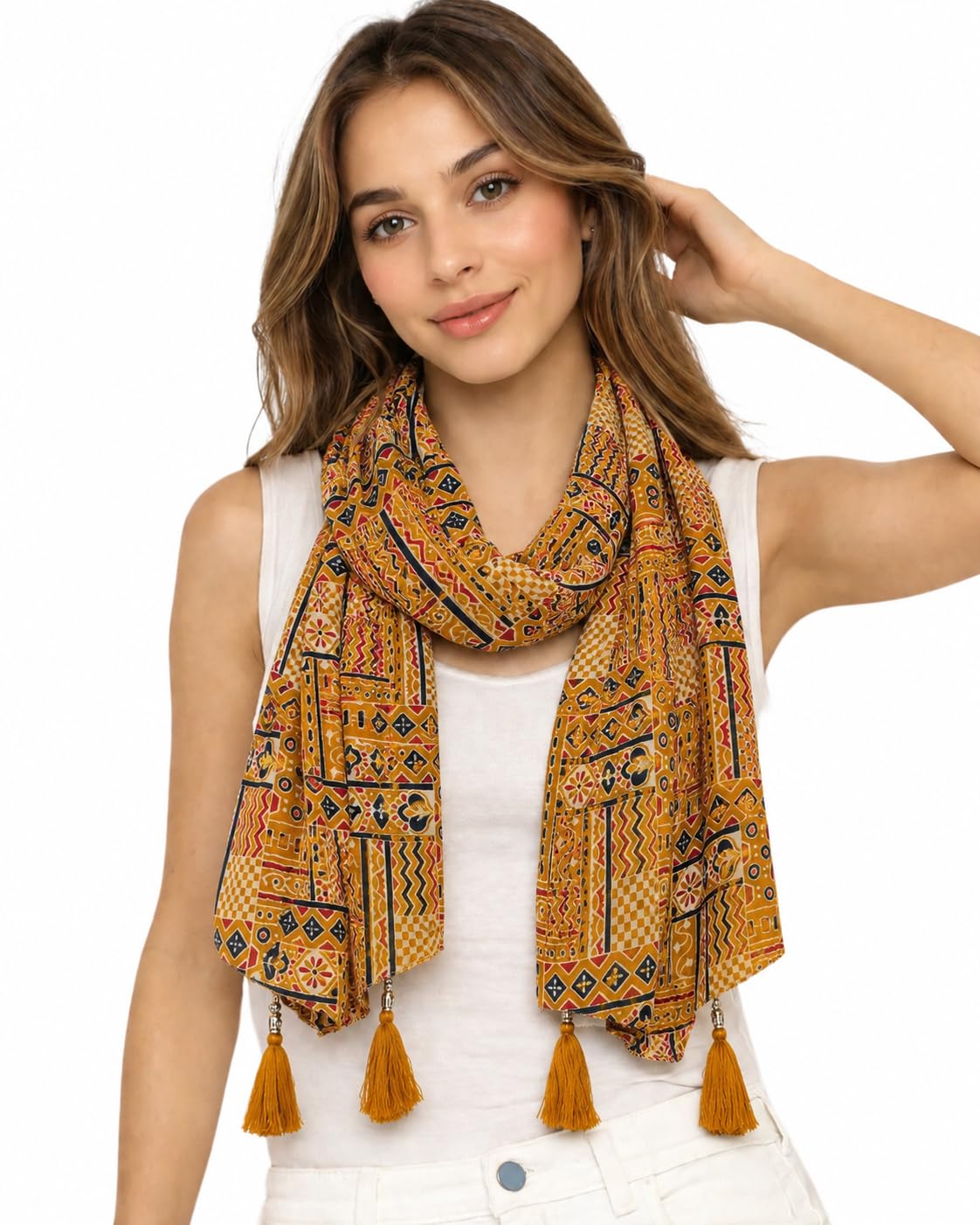 Women's Printed cotton Scarf with Tassels, Lightweight Boho Stole, 180x50 cm, All Seasons (mustard)