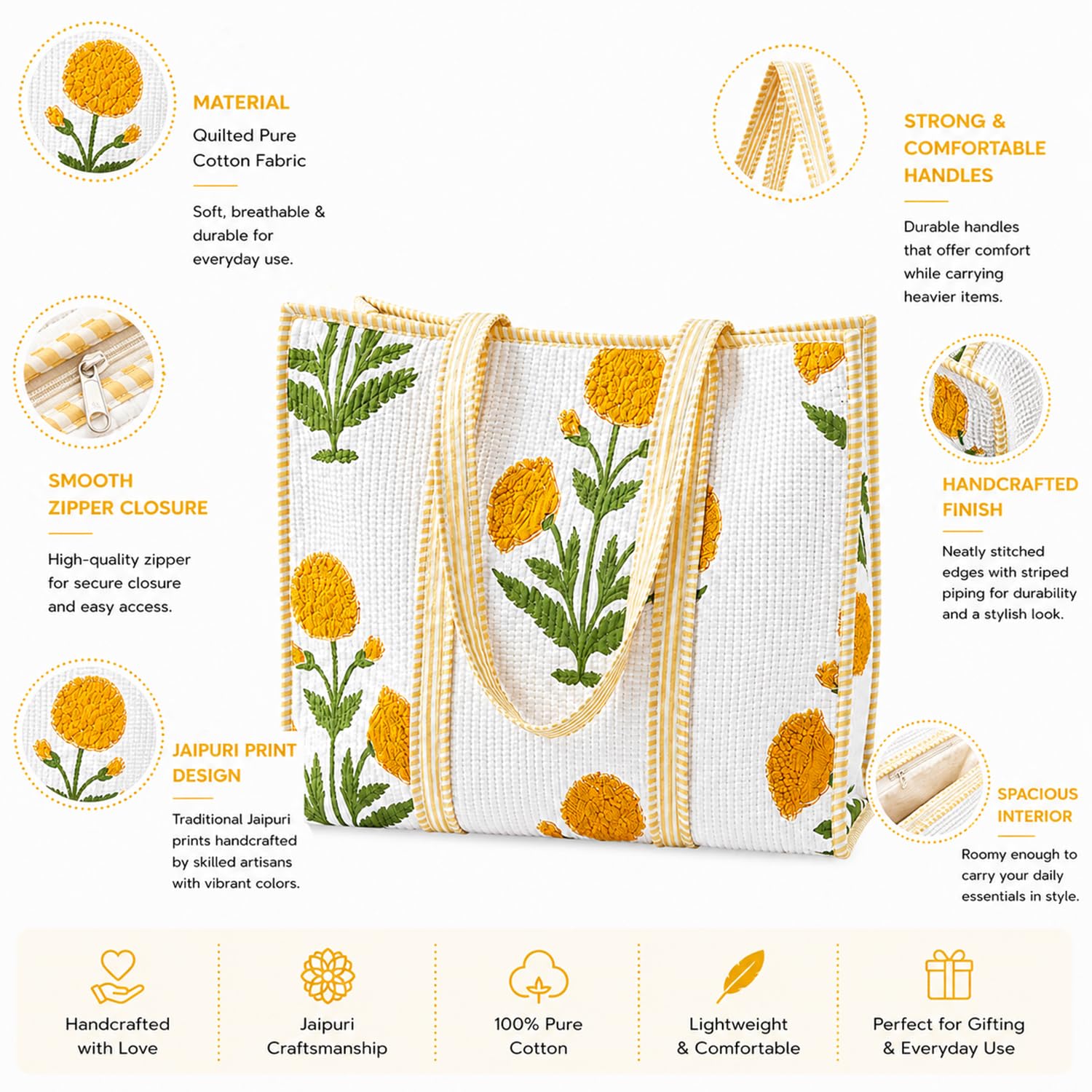 MOMISY Handmade Quilted Cotton Tote Bag for Women Reusable Shopping & Travel Bag Floral Block Print Shoulder Handbag Lightweight Daily Carry Bag (Marigold)