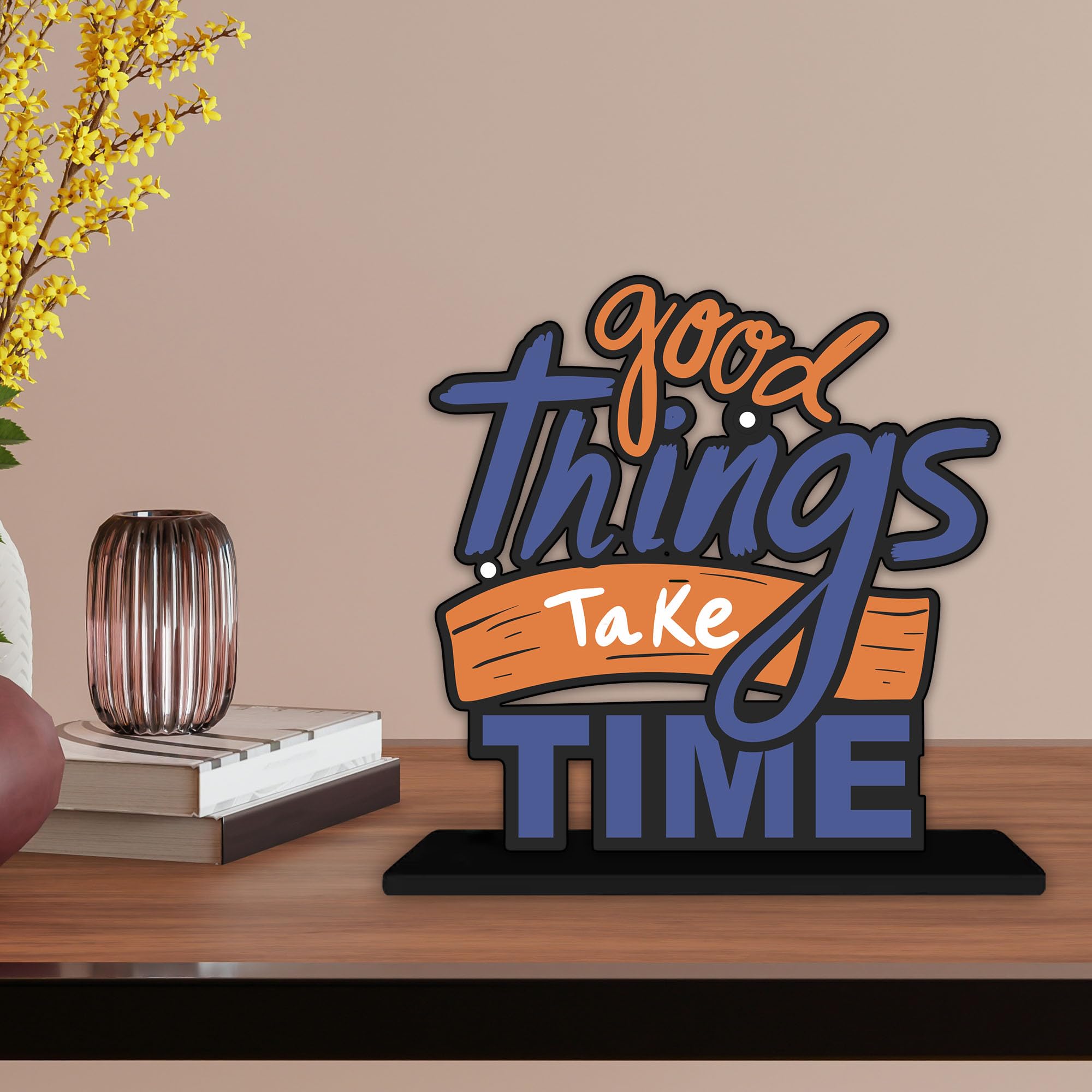 Artvibes Wooden Idols and Figurine Good Things Take Time Quotes Table Decoration for Office Desk | Home Decor | Living Room | Modern Art Wood Showpiece Gift Item (SP_1152)