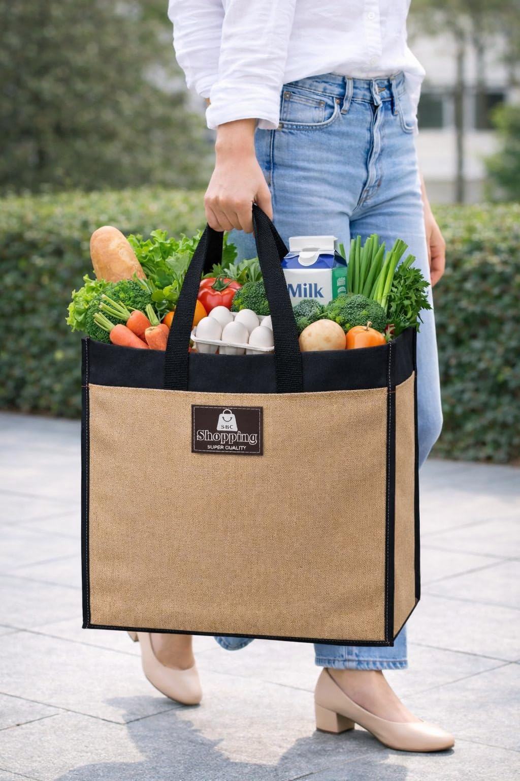 Canvas Shopping Bag Heavy Duty Large Eco-Friendly Reusable Cotton Canvas Cloth Grocery Tote Bag for Men Ladies Vegetable Milk Fruits with Hand Carry Handle Lunch Box Jhola Bags Small Size 40x38x14