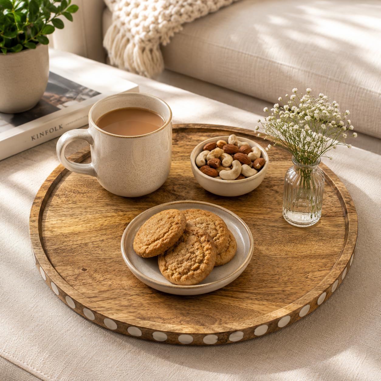 BAUZINI Round Wooden Serving Tray, 11 Inch Mango Wood Decorative Platter, Handmade Wooden Tray for Tea, Coffee Table, Kitchen, Dining Table, Ottoman, Breakfast & Home Decor (mod 3)