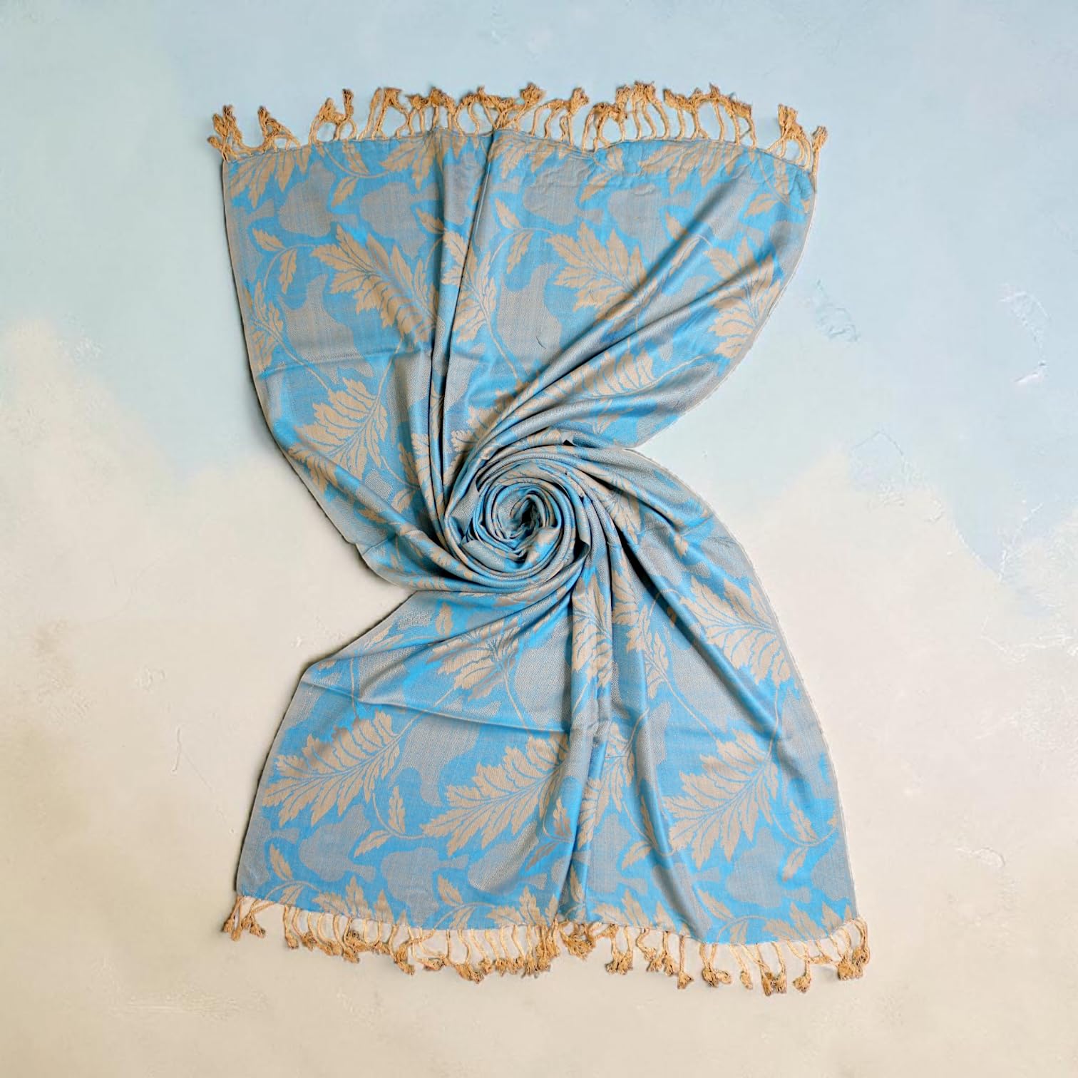 STOLE STUDIO Embellished Leaf Luxurious Viscose Stole Scarf (Beige/Firozi)