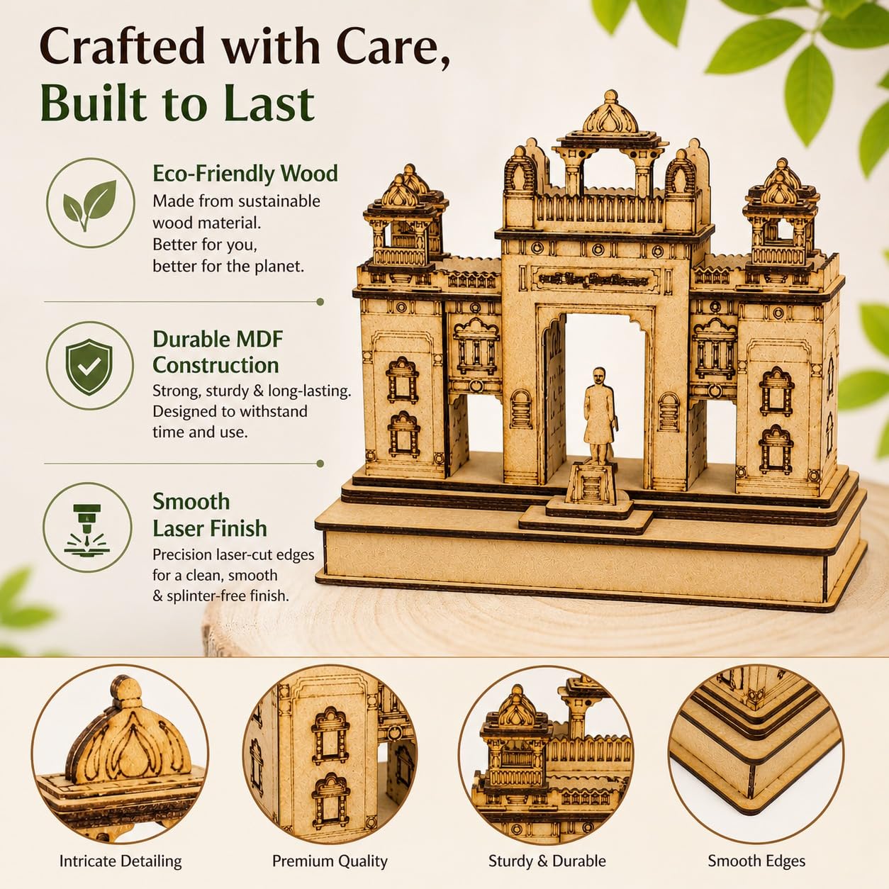 VISHUFAB Handcrafted Wooden Varanasi BHU Gate 3D Miniature | Temple Architecture Model Showpiece | Traditional Home & Office Decor(Banaras Hindu university)
