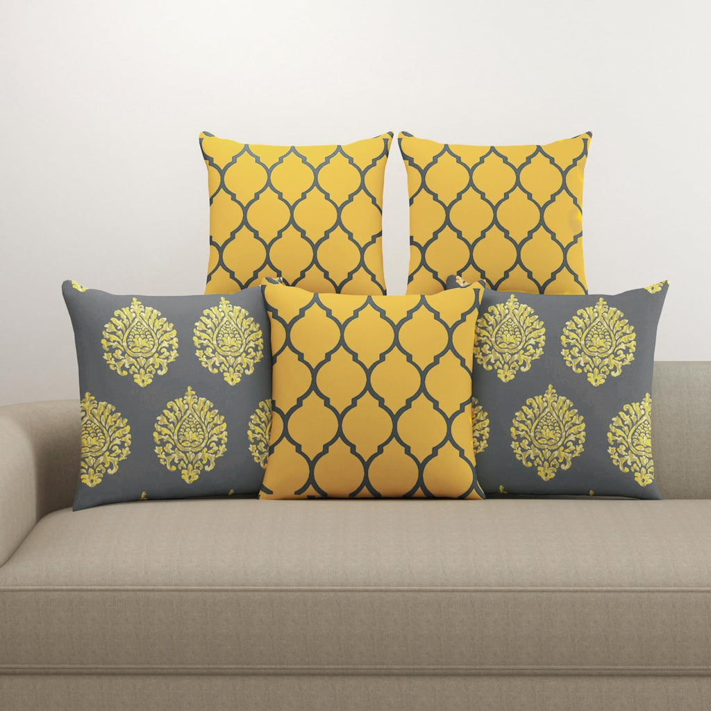 Trance Home Linen 100% Cotton Cushion Covers Only for Sofa & Diwan, Throw Pillow (16X16 in, 40Cmx40Cm, Dori & Damask Mustard Yellow) Set of 5