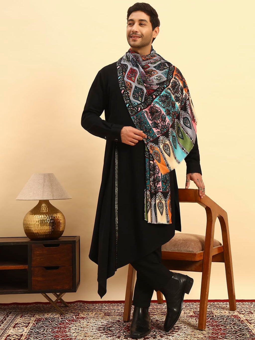 Pashmoda Men Floral Sonata Royal Fine Soft Bamboo Fibre Stole, Multicoloured Design, Evening Wrap, Luxury Pashmina Style Scarf, Wrap, Sustainable and Natural Fabric (Size 28x80, Dgrey colour) MISST32