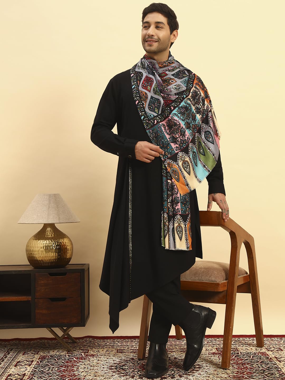 Pashmoda Men Floral Sonata Royal Fine Soft Bamboo Fibre Stole, Multicoloured Design, Evening Wrap, Luxury Pashmina Style Scarf, Wrap, Sustainable and Natural Fabric (Size 28x80, Dgrey colour) MISST32