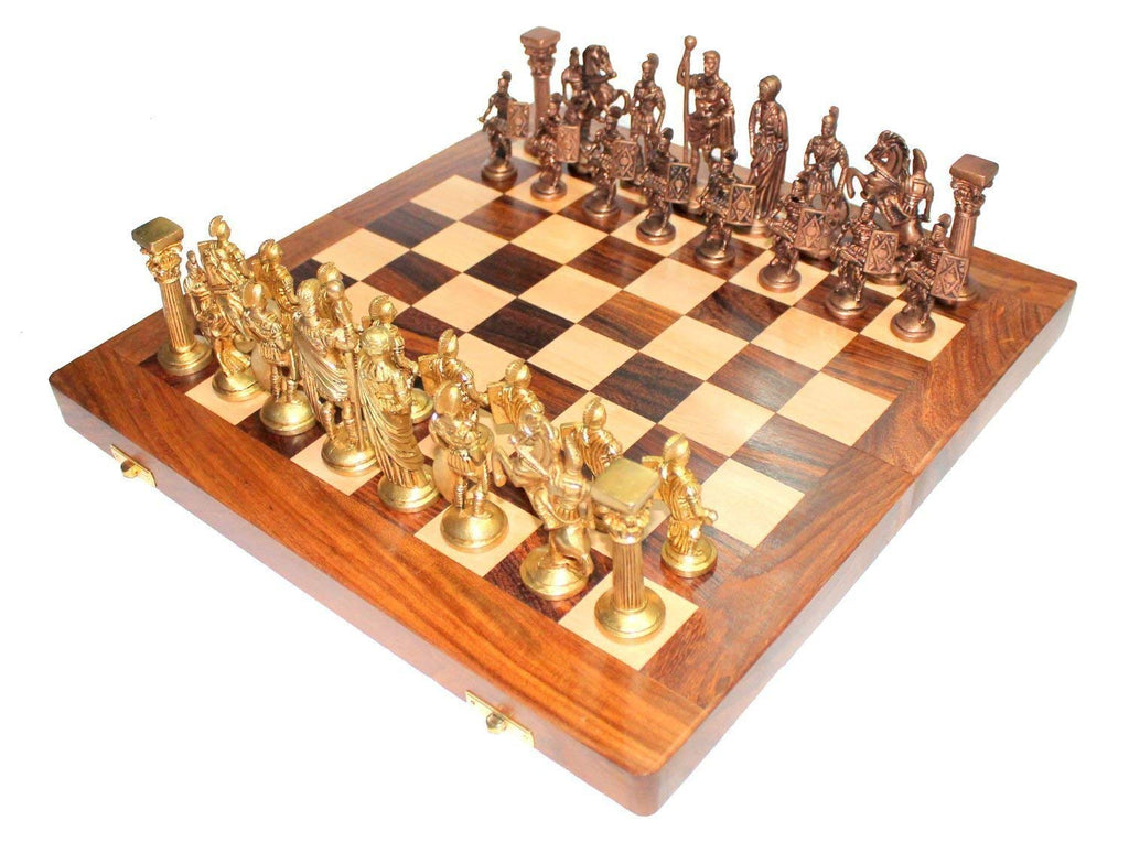 Svarup 16x16 Wooden Folding Chess Game Board Set+ Brass Roman Figure Pieces for Gifting, Home Decor & Playing.