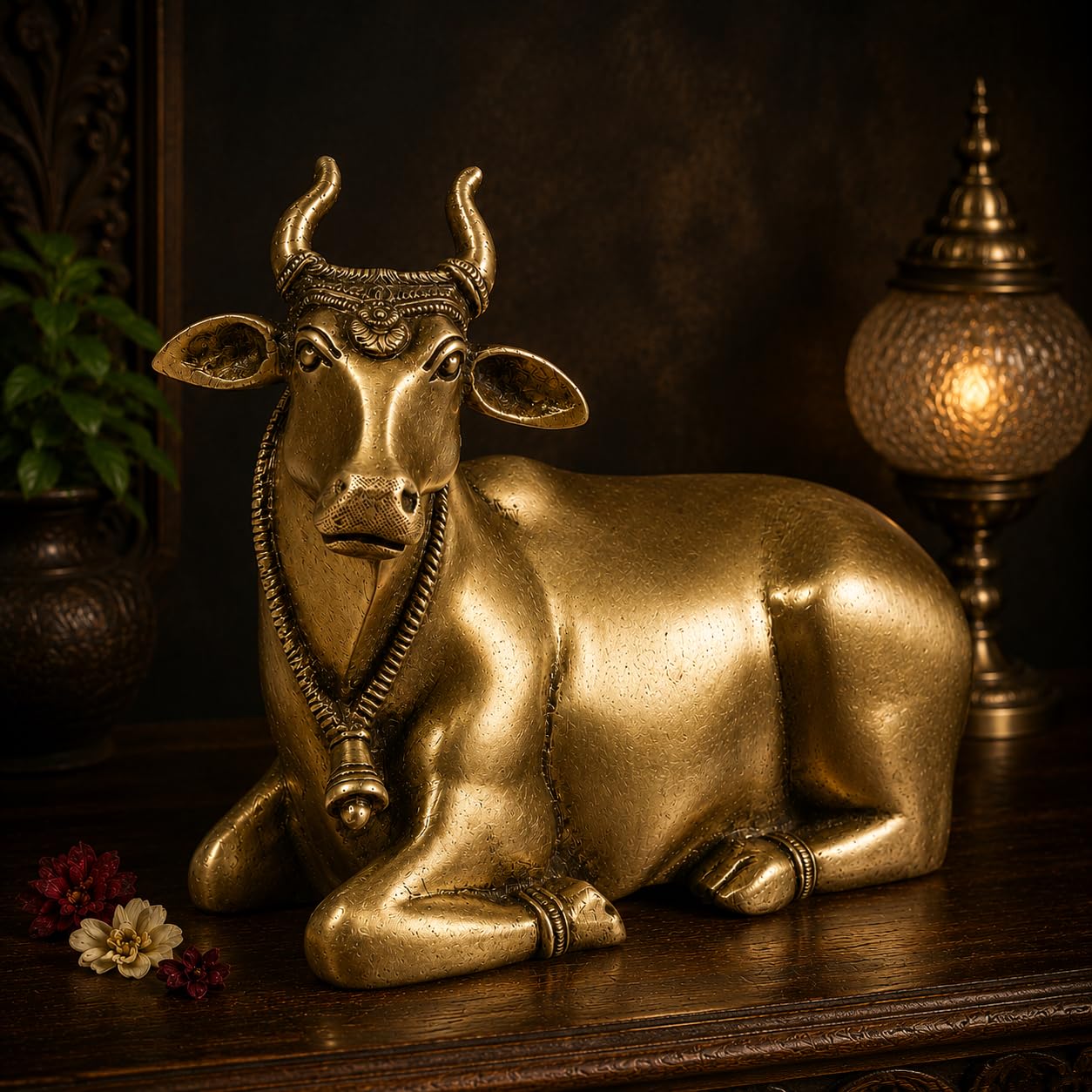 ARTVARKO Brass Sitting Nandi Cow Statue Shiva Bull for Pooja and Home Decoration Showpiece Décor Office Temple Gift 7.5 Inch.
