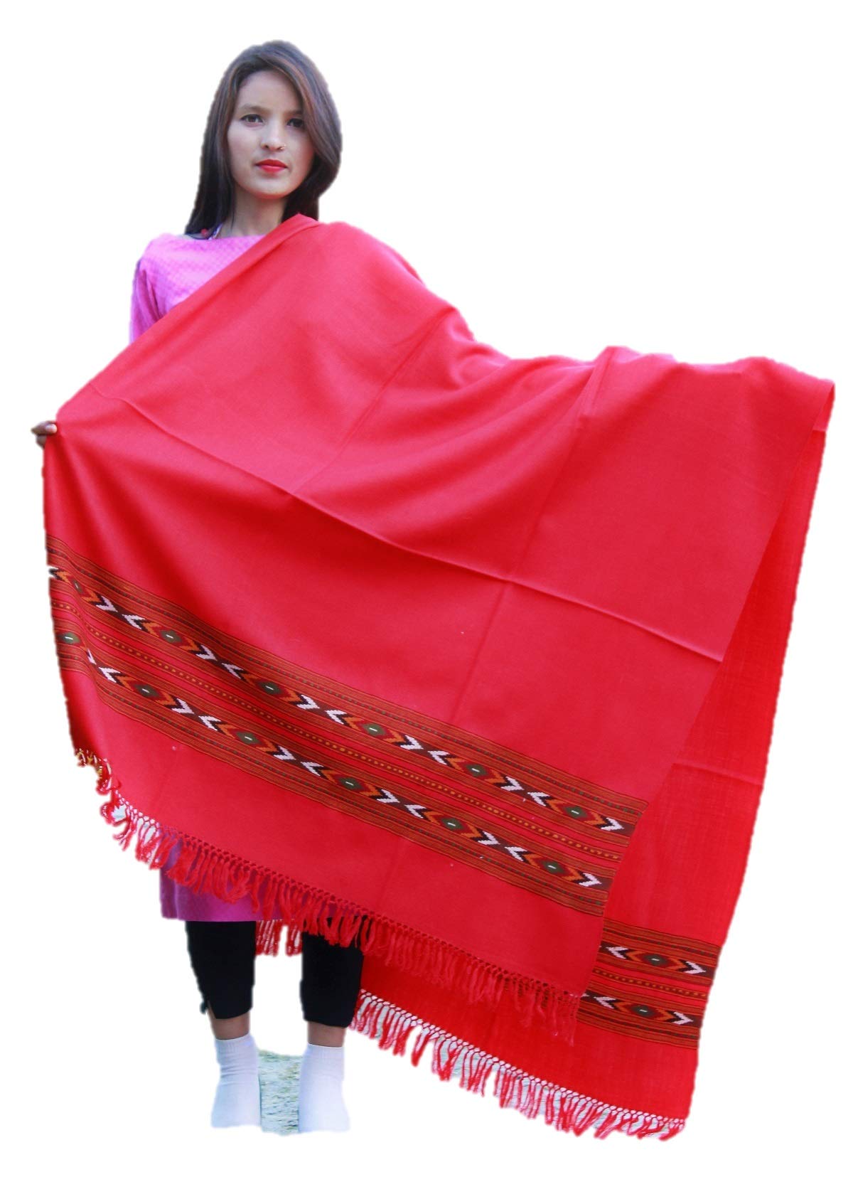 HImalayanKraft Hand Woven Kullu Handloom Woolen Shawl Red- Colored with Beautiful Kullu Weaving Designed for Women and Girls.
