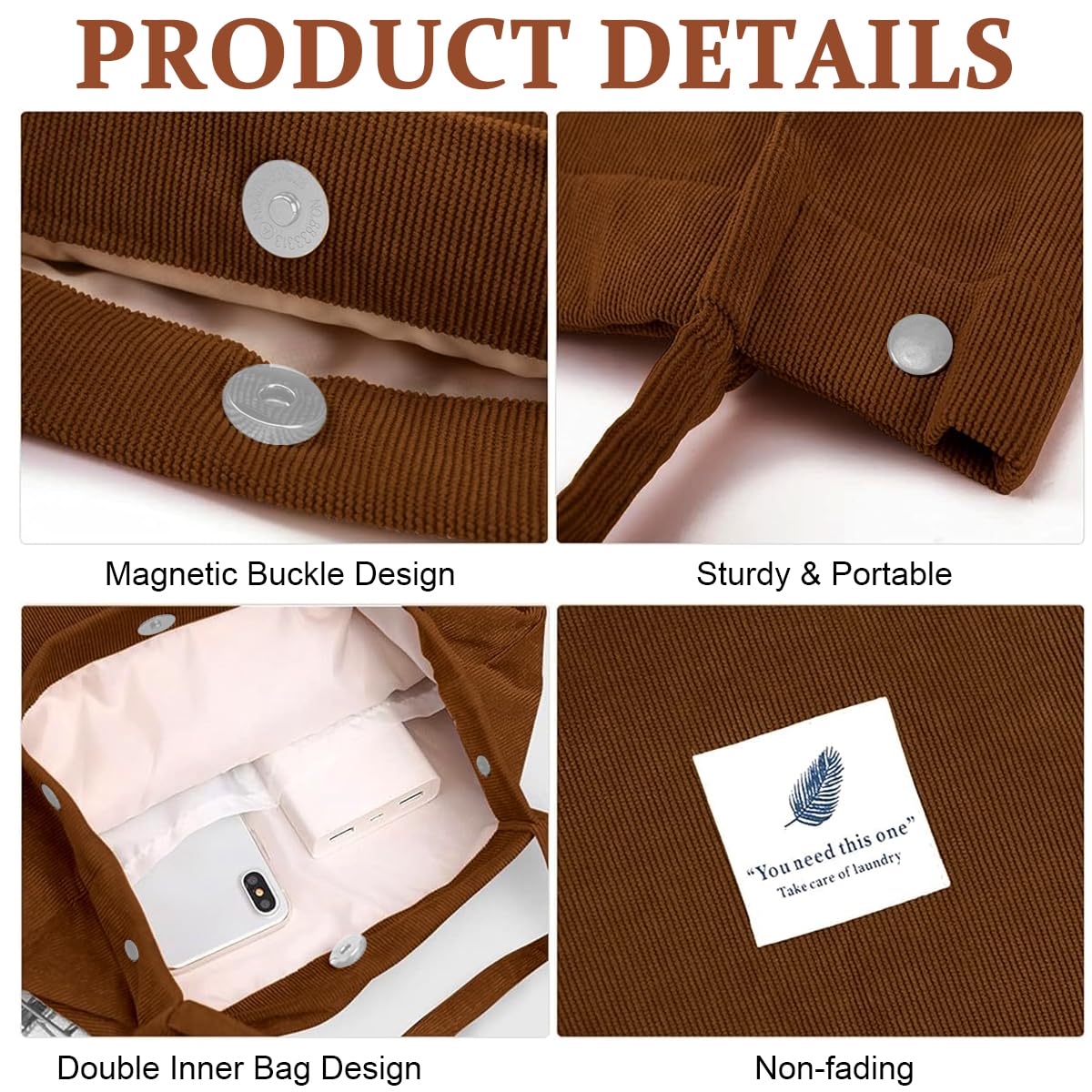 PALAY Tote Bag for Women Large Corduroy Shoulder Handbag Shopping Brown