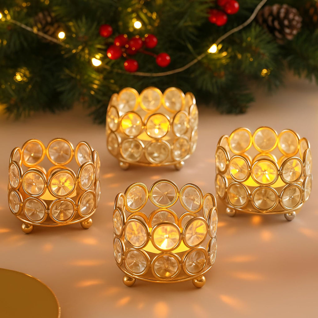 TIED RIBBONS Pack of 4 Crystal Tealight Candle Holder Centerpieces Votive Candle Holders - Decorations Items for Home Dining Table (5.8 cm X 4.3 cm) - Home Décor - Gifts Item