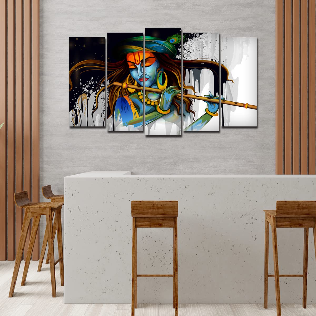 VIBECRAFTS Beautiful Krishna Playing Flute 5 Pieces Canvas Wall Painting For Home|Office|Living Room|Gift (PTVC5Pcs2_6506)