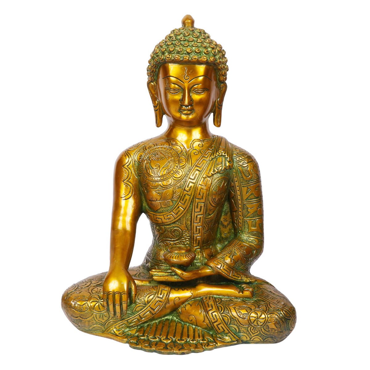 Svarup Brass Buddha Idol in Bhumisparsha Mudra Statue Tibetan Buddhist Décor Height 12 Inch Weight 6 Kg Color Golden Green