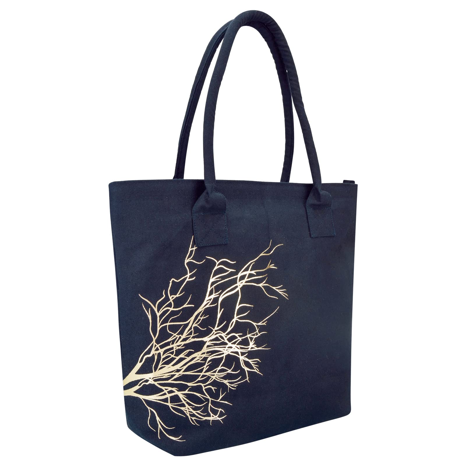 Earthsave Canvas Tote Bag With Zip - Women's Office & College Bag, Printed Travel Bag - Navy Blue - Vegan