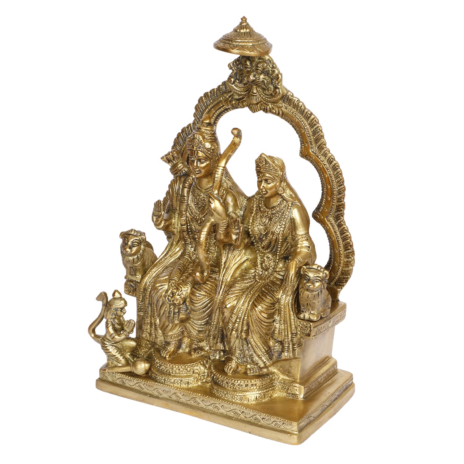 ARTVARKO Brass Siyaram Sita Ram Sitting on Lion Chatra Singhasan with Hanuman ji Idol Murti for Mandir Puja Temple Height 11 Inch.