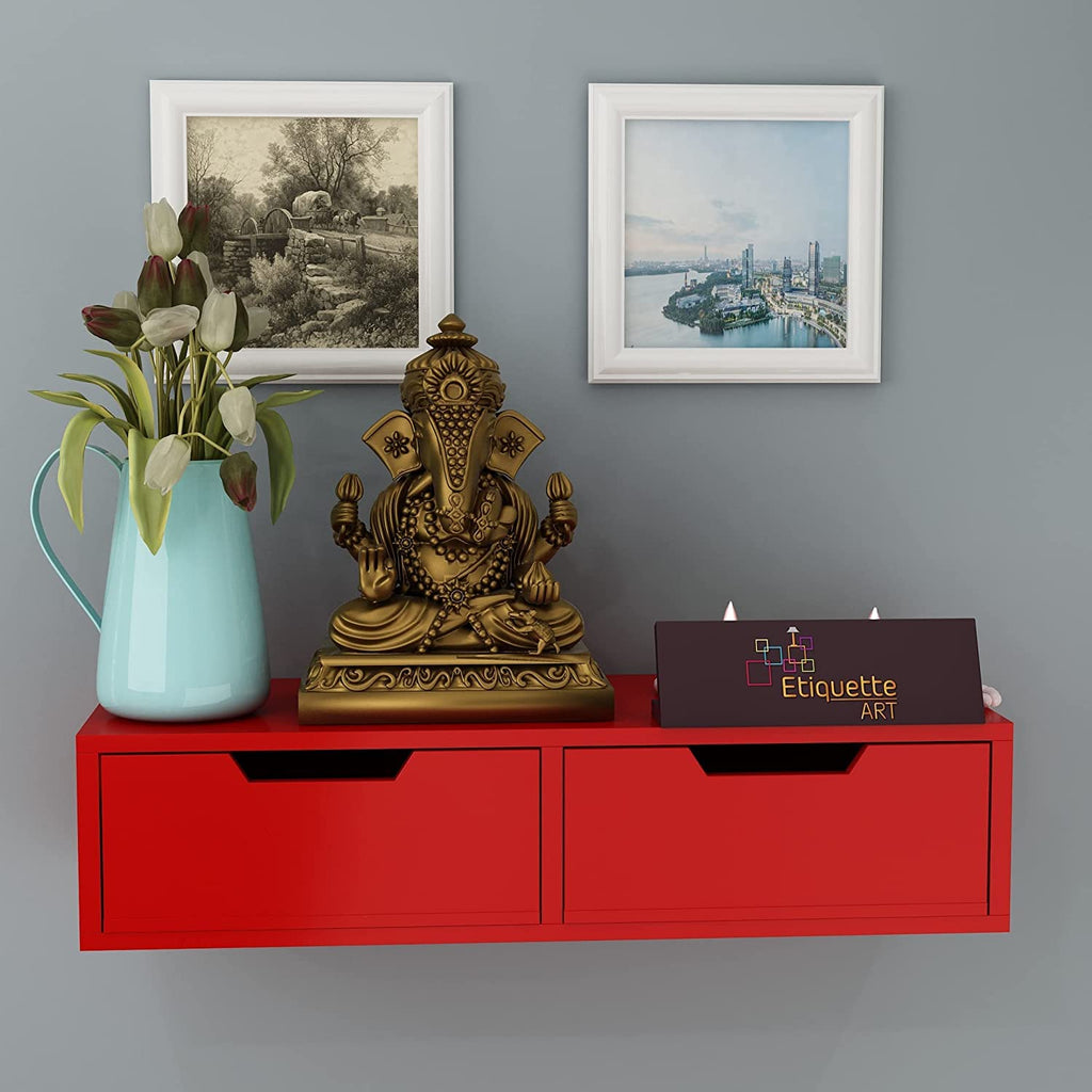 WOODWALLZ Wall Mounted Hanging Puja Temple Shelf with Drawer Stylish Wood God Stand for Pooja Room Mandir Stand for Temple-Red