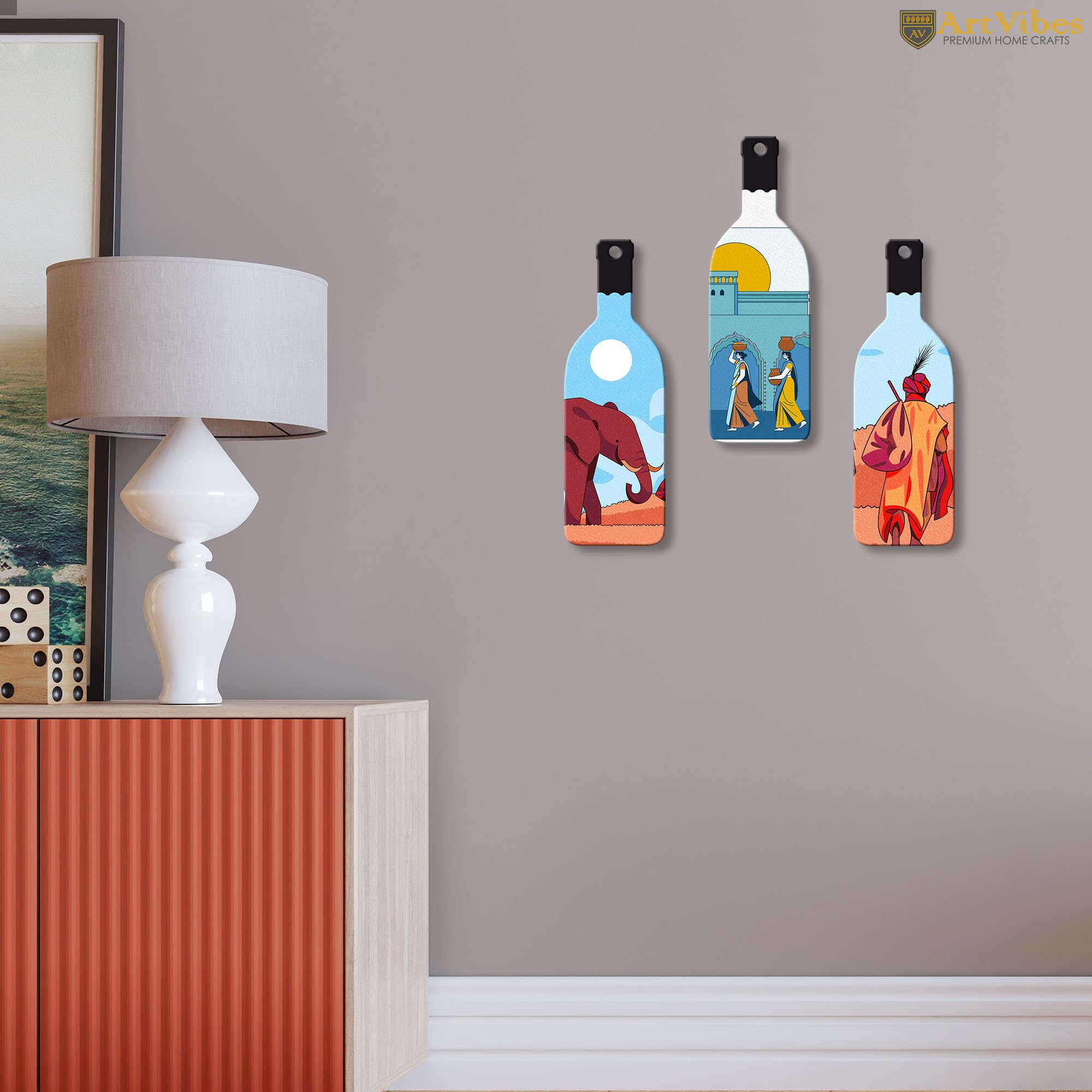 Artvibes Modern Abstract Art Decor Bottle shaped Wooden Wall Hanging | Living Room | Wall Art Paintings | Wall Illustrations | Graphic Art | Door Hanging Art Items | Gift Items (WH_9517N), Set of 3
