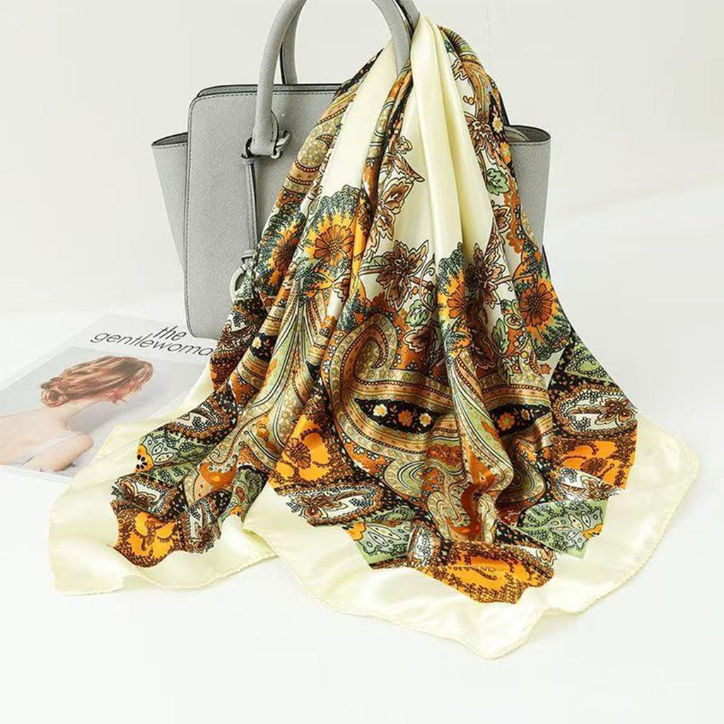 AstonAndia Silk-Like Square Scarf for Women, 90 x 90 cm Printed Head Scarf