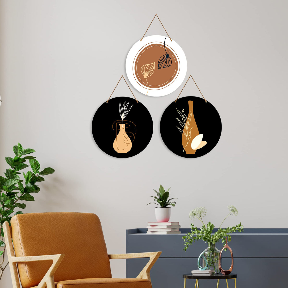 Artvibes Contemporary Abstract Line Art Round Wooden Wall Hanger for Home Decor | Modern Wall Art Paintings | Wall Poster | Handcrafted Art | Artworks Hangings | Ideal Gifts (WH_4208N), Set of 3