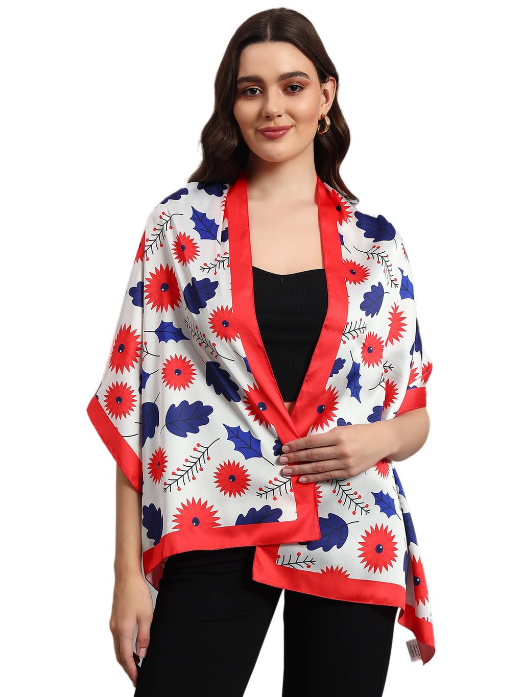 Ravaiyaa - Attitude is everything Women Lightweight Printed 100% Satin Silk Scarf Stoles Breathable Neckerchief Head Beach Wrap Scarves (Red White Leaf, 70 x 20 Inch)