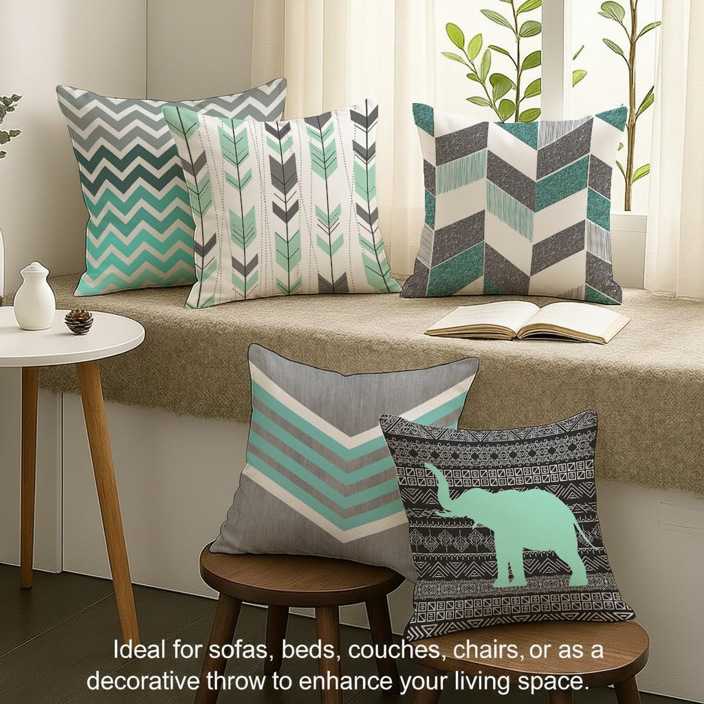 STITCHNEST Set of 5 Teal Tribal Harmony Collection Printed Jute Cushion Covers 16x16 Inches | Decorative Throw Pillow Covers for Sofa, Living Room, Bedroom | Perfect for Home Decor